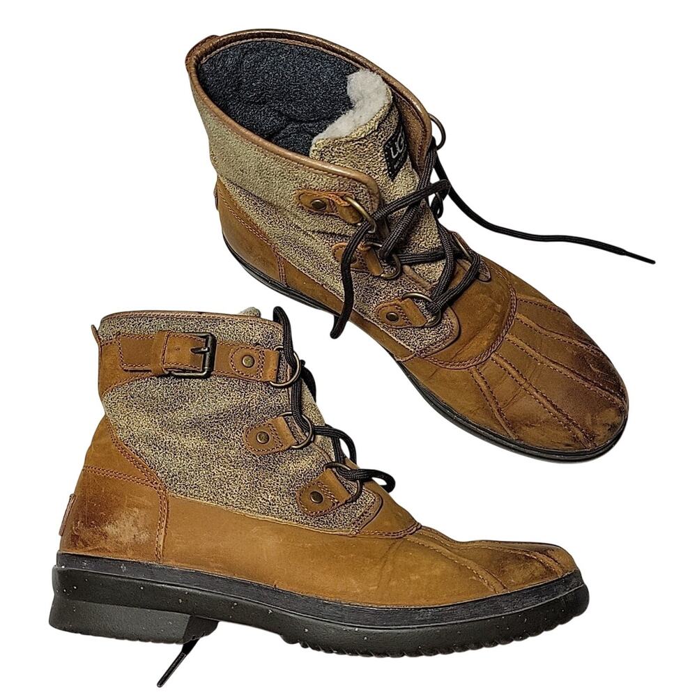 UGG Women 9.5M Cecile Waterproof Boots Ankle Lace-Up Chestnut Shearling Fur Duck